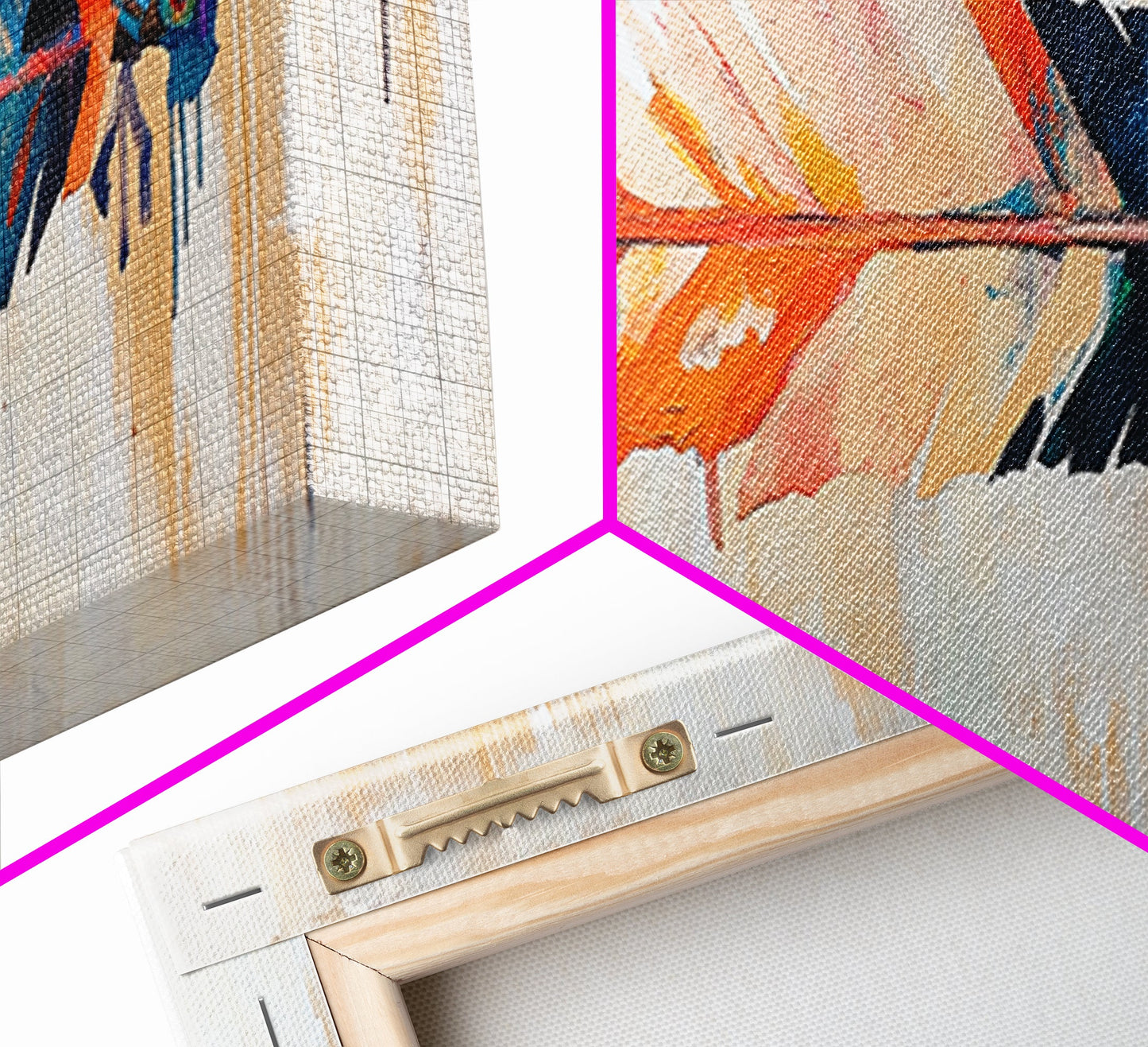 Colorful feather, native art, southwestern decor, rustic wall art, boho art, framed canvas print, extra wide art, tribal painting