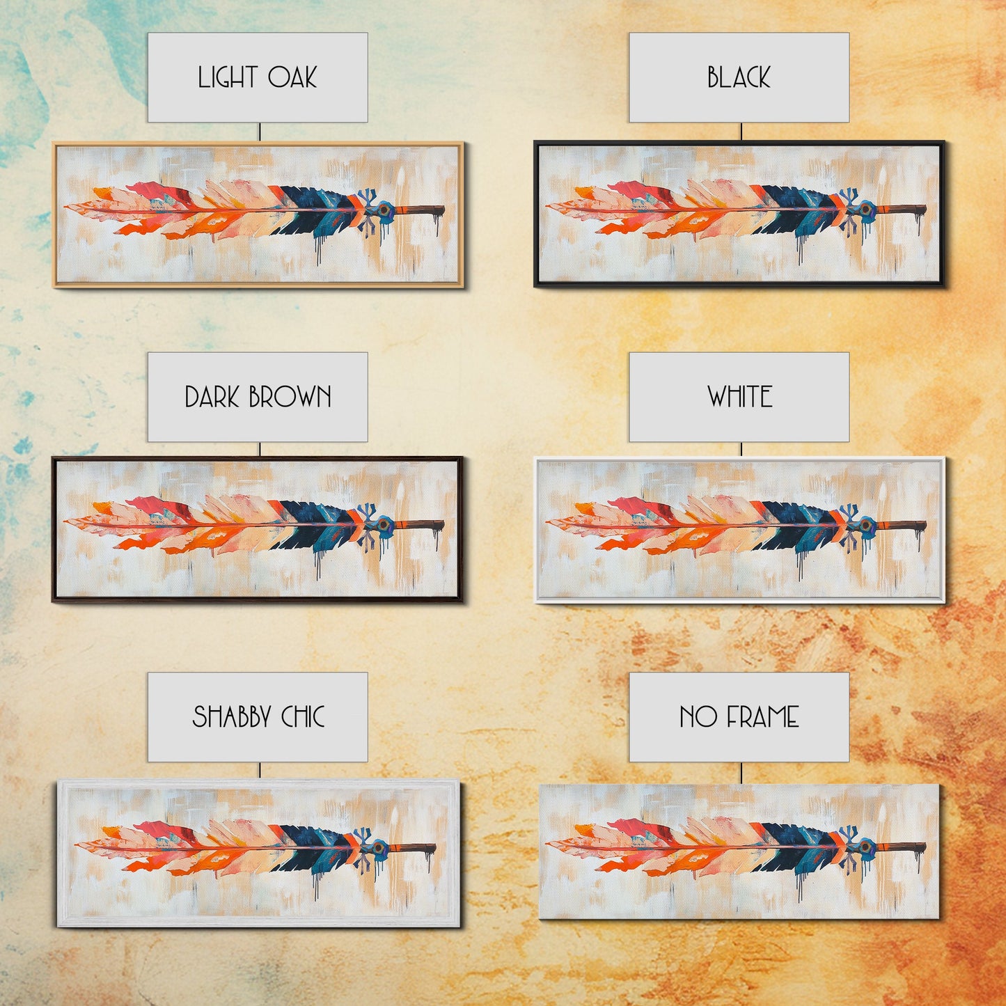 Colorful feather, native art, southwestern decor, rustic wall art, boho art, framed canvas print, extra wide art, tribal painting