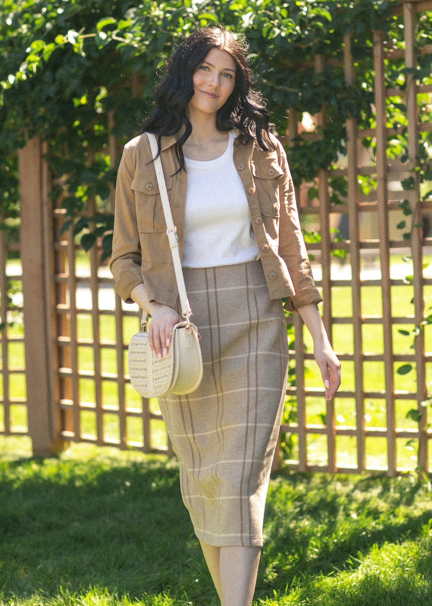 Calista Plaid Wool Midi Pencil Skirt