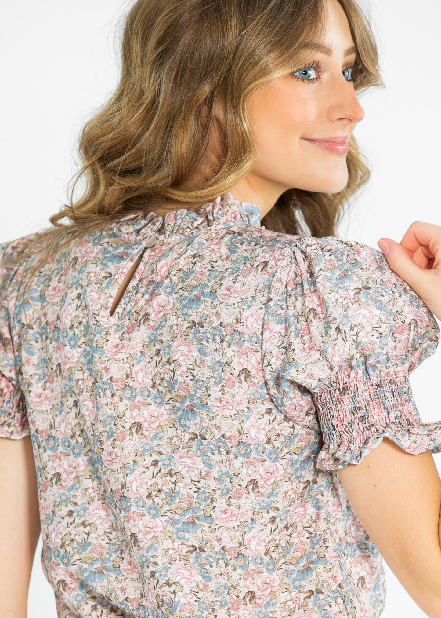 Clara Floral Ruffle Mockneck Short Sleeve Top