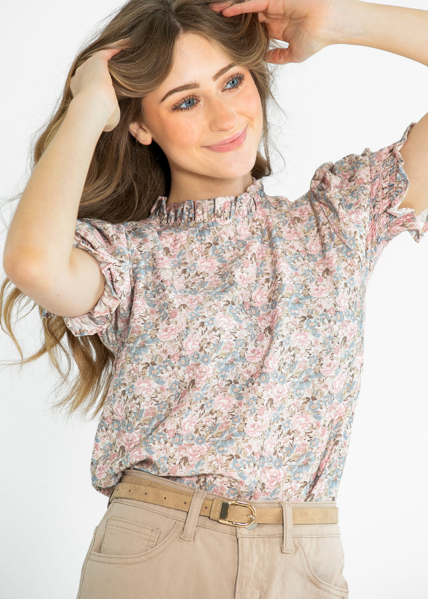 Clara Floral Ruffle Mockneck Short Sleeve Top