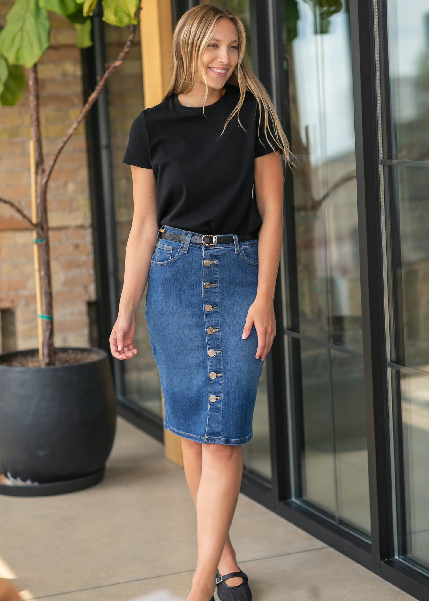 Zana Front Button Denim Midi Skirt